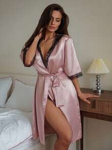 DAZY 女士蕾丝拼接腰带休闲家居服睡袍 - 粉色 - 查看 5