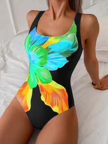 SHEIN Swim 女士连体多色大花卉图案圆领优雅高衩泳衣，夏季 - 綠色 - 查看 3