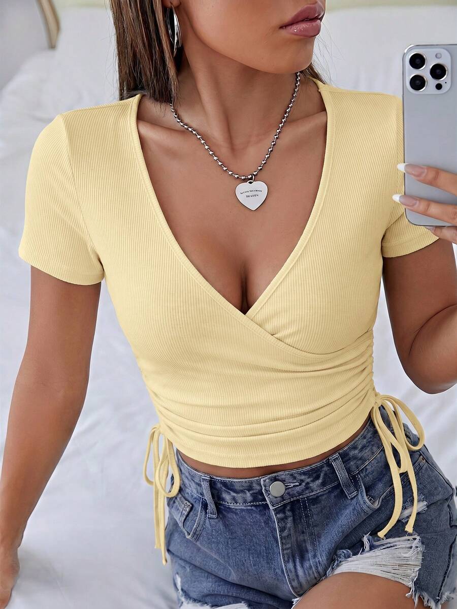 SHEIN Essnce Women's Solid Color Ruched Tie Front Deep V-Neck Sexy Knit Top,Summer Top - Light Yellow - View 1