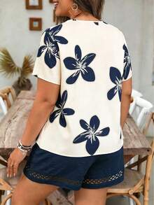 EMERY ROSE Conjunto de talla grande para mujer de unicolor con cuello en V, volantes y mangas cortas, casual, de vacaciones, diario y elegante, para primavera/verano - Azul Marino - Ver 2