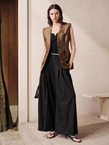 Aveloria Modichic Áo blazer nữ không tay cổ chữ V có thắt lưng, hàng mới về. - Màu be - Xem 4