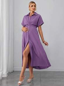 SHEIN Zanzea Maternity Purple Summer Casual Elegant Maternity Dress For Women, Solid Color Twist Ruched Pleated Photoshoot Dresses For Vacation - Mauve Purple - View 7