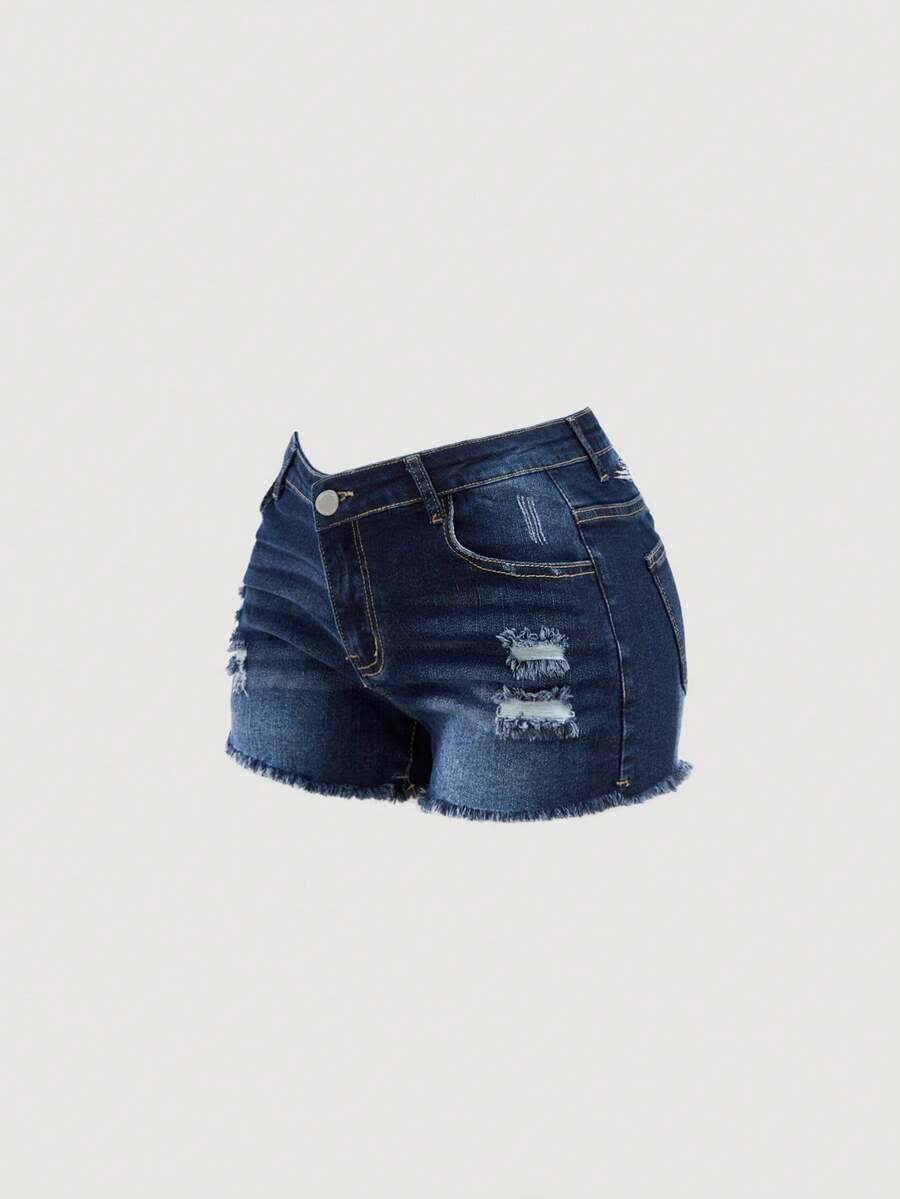 少女款深蓝色破洞弹力紧身牛仔短裤 - 中等水洗藍 - 查看 1