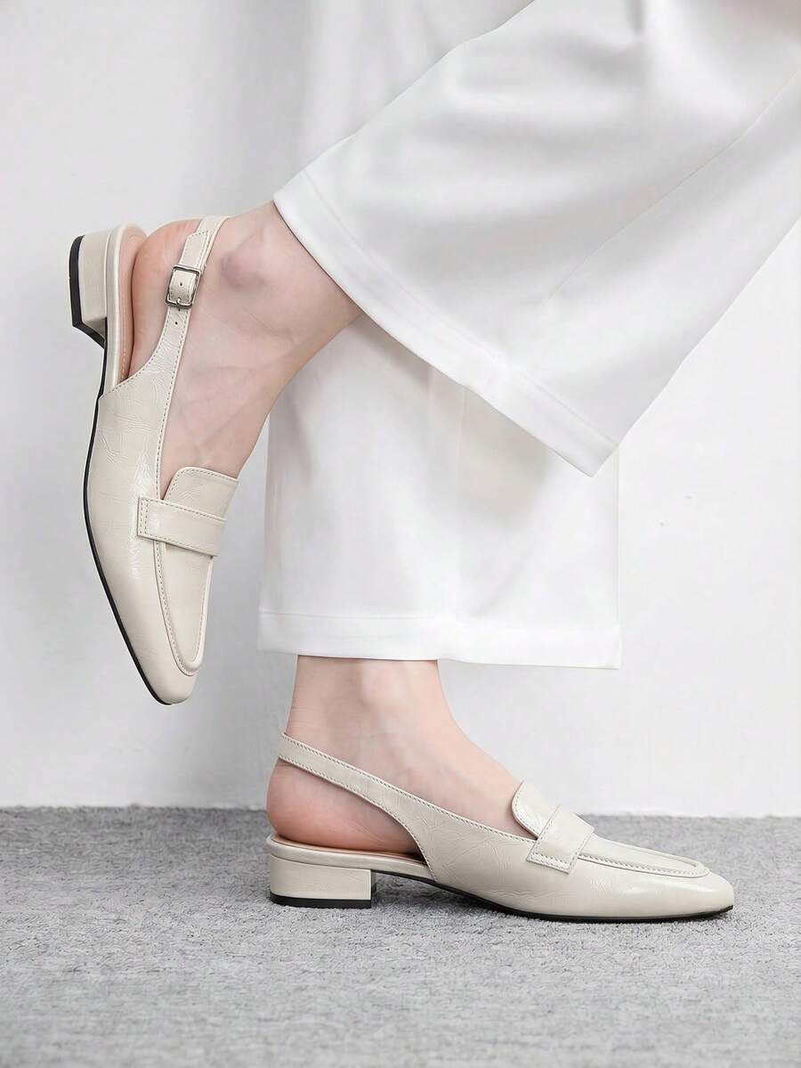 Sleekvia Off-White Small Square Toe, Low Vamp, Rear Strap Buckle, Fashionable Women's Flat Shoes - Off-white - View 1