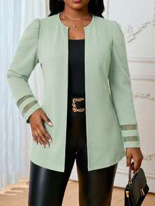 SHEIN Lady Elegant Plus Size Mint Green Longline Coat With Round Neck And Sheer Panel Sleeves - Mint Green - View 5