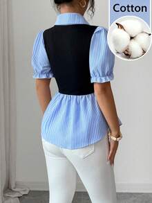 Elenzga Blusa de parche a rayas azul y blanca 2 en 1, blusa de parche elegante con cuello, mangas con volantes, dobladillo con volantes y cintura ceñida para uso diario para mujeres, atuendo casual moderno y retro para mujeres, blusas casuales para mujeres - Multicolor - Ver 2