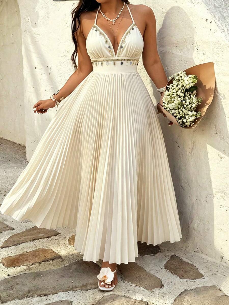 Sunnyshic Bohemian Boho V-Neck Sexy Solid Color Shell Tassel Pleated Dress, Summer Holiday Style Vacation White - Apricot - View 1