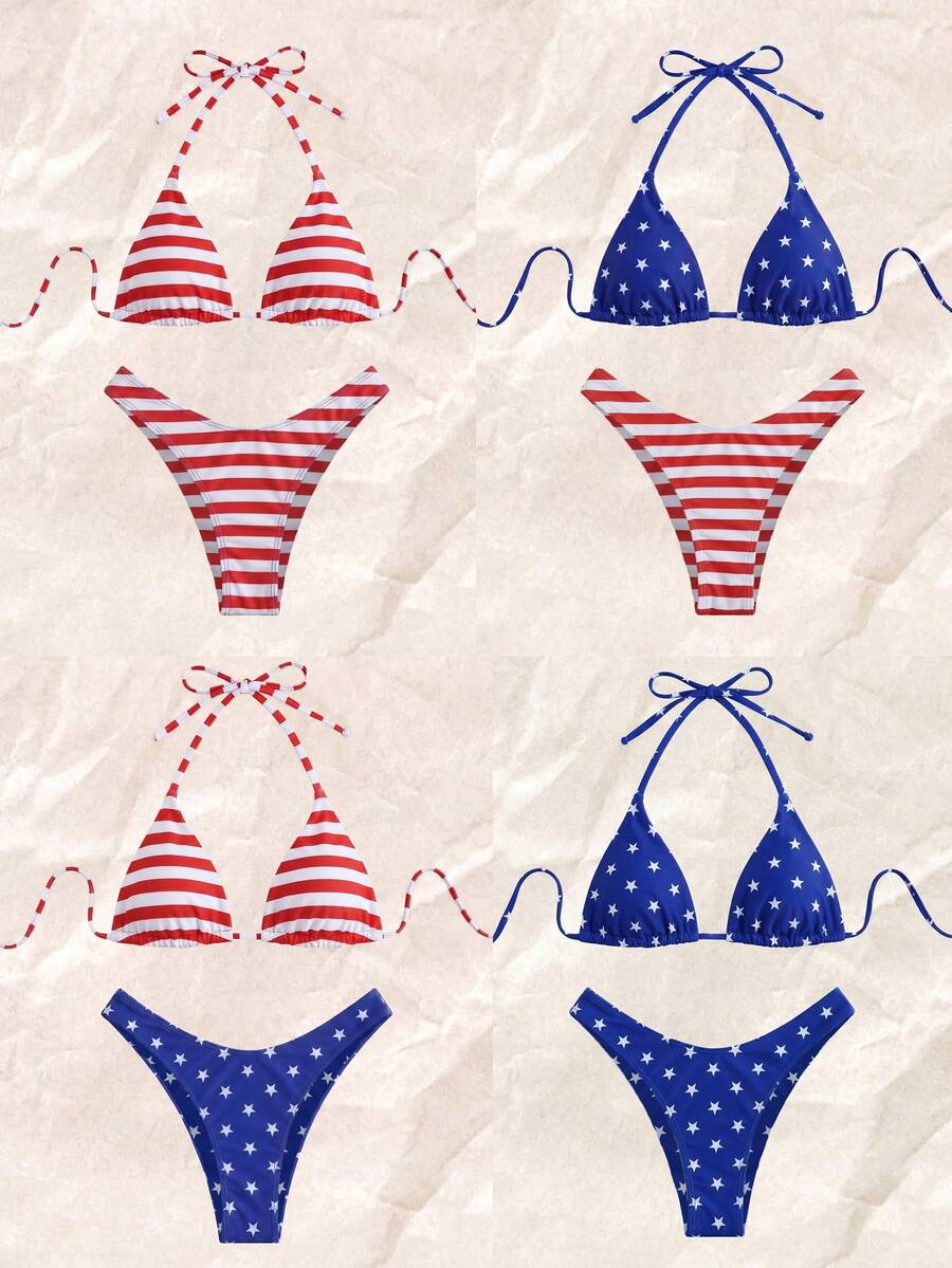 Swim Vcay 女士最新时尚沙滩装，沙滩套装，度假休闲服，美国国旗，星形图案，红白条纹印花，四件套挂脖系带比基尼套装，优雅性感夏季泳装 - 彩色 - 查看 1