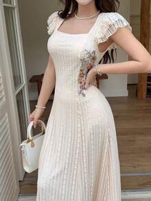 Feyla Women's Floral Pattern Elegant Waist Cinched Midi Dress, Suitable For Party And Outings - Apricot - View 4