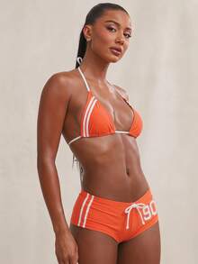 NYA SZN Conjunto de bikini de dos piezas con tiras, short tipo cheeky, traje de baño deportivo a rayas para vacaciones en la playa, rojo, para mujer - Naranja Coral - Ver 5