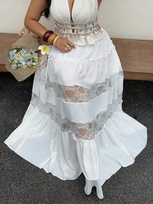 Sunnyshic Plus Size Women's Beach Vacation French Sexy Boho Contrast Lace Skirt White Summer - White - View 4
