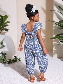 SHEIN Young Girl Ditsy Floral Ruffled Collar Casual Jumpsuit - Blue and White - View 2