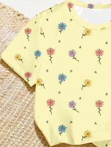 Summer Young Girl Cute Floral Print T-Shirt & Flared Pants Set, Pastel Yellow Refreshing Minimalist Personalized Fashion Creative Comfortable Daily Wear - Multicolor - View 6
