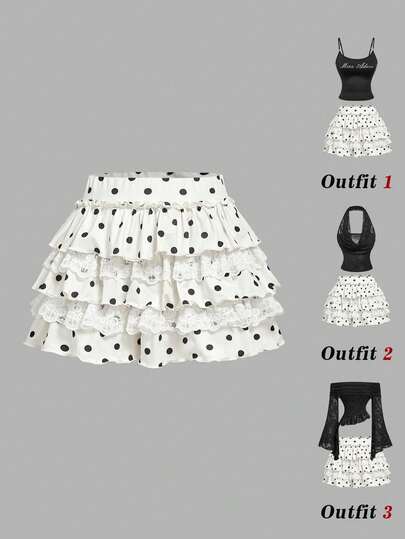 SHEIN MOD Pantalones cortos casuales de mujer con estampado de lunares, encaje y diseño de capas