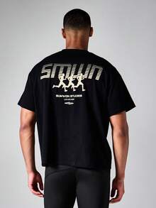 SUMWON Studios Boxy Fit Crew Neck Short Sleeve Printed T-Shirt With Back Graphic And Logo Detail - Black - View 5