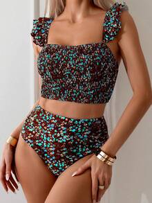 Swim Lushoire Women's Summer Beach Full Print Ruched Bikini And Triangle Panty Swimwear Set - Multicolor - View 4