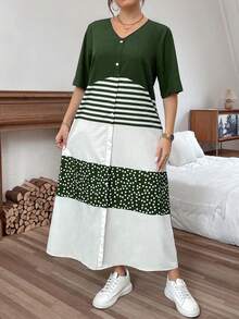 Breezaya Rochie de vară casual cu imprimeu floral și guler în V pentru femei, mărime plus, cu imprimeu floral - Verde Armată - Vizualizare 1