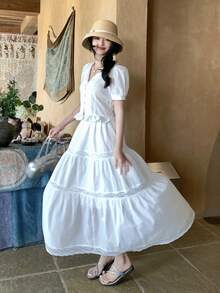 DAZY Women's Collared Korean Style Fresh And Youthful Blouse And Casual Mini Skirt 2 Pieces Set, Spring/Summer - White - View 4