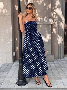 SHEIN PariChic Vestido casual de estilo francés con estampado de lunares para vacaciones, con tirantes de espagueti, para primavera/verano - Azul - Ver 3