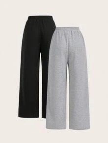 SHEIN EZwear 2 件大码休闲百搭黑灰色裤子套装 - 彩色 - 查看 3
