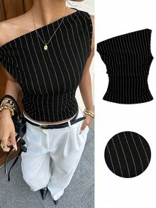 Siren Gaze Women's Casual Striped Print Asymmetrical Neck Fitted Cropped Tank Top, Suitable For Summer Daily Commute - Black - View 1