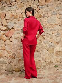 MOTF Petite CAMISA ROJA DE LINO PURO 100% LIGERA Y TRANSPIRABLE PARA VACACIONES DE VERANO CON DETALLES DE ENCAJE CALADO - Rojo - Ver 4