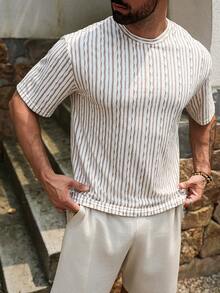 VENTUSAIL 男士休閒條紋撞色短袖圓領T恤，夏季度假寬鬆版型老錢風上衣，白色序列復古街頭風，假期穿搭 - 杏色 - 查看 4