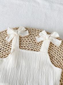 SHEIN Vintaside Kids 2件套女婴幼儿/新生儿0-3岁休闲日常可爱度假条纹蝴蝶结装饰吊带背心+短裤套装，春夏款 - 棕色 - 查看 7