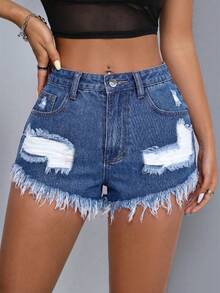 SHEIN PETITE Summer Casual Ripped Frayed Slant Pocket Denim Shorts ,Petite Women - Medium Wash - View 3