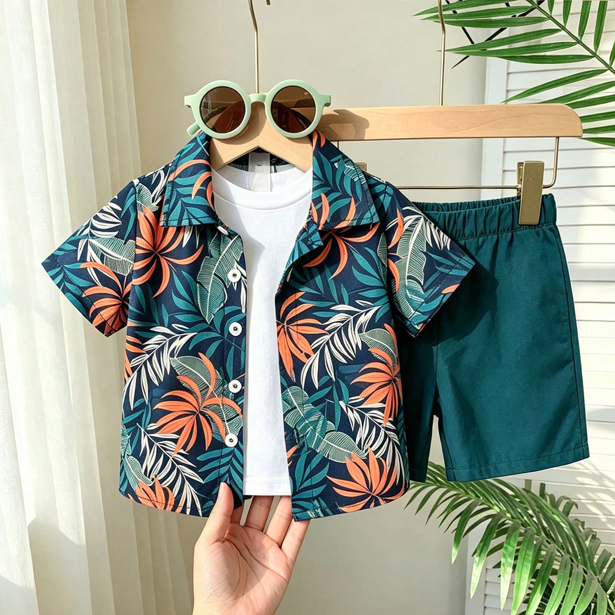 Conjunto de camisa de manga corta con estampado de plantas tropicales y pantalones cortos casuales para niño pequeño, adecuado para uso diario, sali