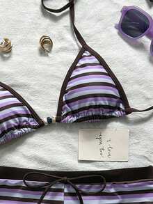 Swim Chiccia Bộ bikini tankini nữ thắt nơ đính cườm, dây rút, họa tiết sọc ngẫu nhiên. - Nhiều màu - Xem 6