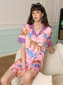 Áo ngủ cardigan cổ bẻ trẻ trung, năng động và vui tươi dành cho nữ với họa tiết lá cây, sao, da báo và sọc. - Nhiều màu - Xem 4