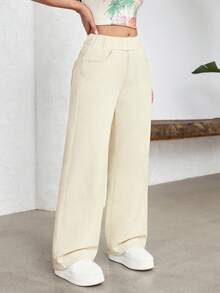 Pantalones vaqueros de pierna ancha, estilo casual deportivo, con elástico para mujer - Beis - Ver 9