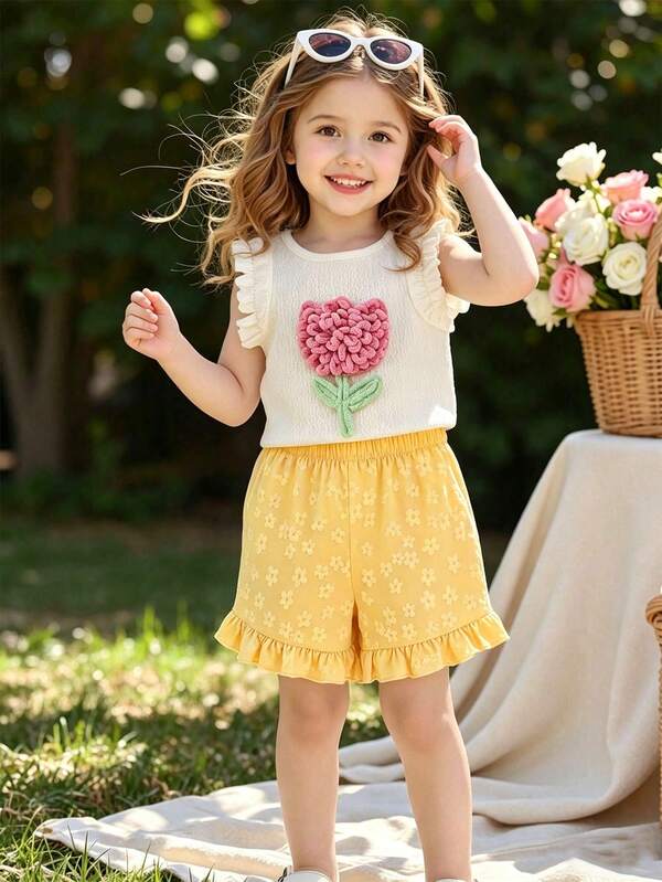 SHEIN Genkimix Kids Bộ đồ mùa hè dễ thương và đáng yêu cho bé gái (nhỏ): Áo hai dây dệt kim jacquard màu trắng ngà viền bèo nhún và quần short viền bèo nhún màu hồng.