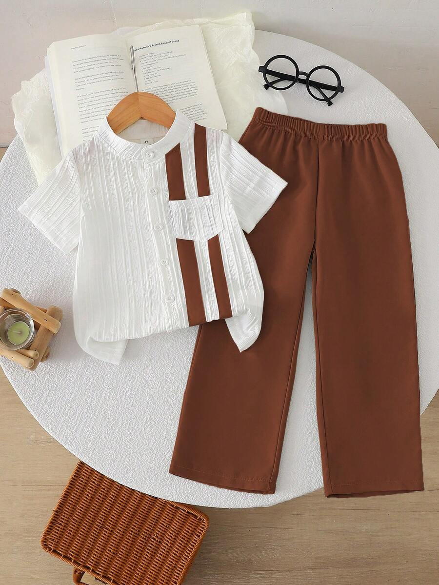 SHEIN Playful Pals 2pcs/Set Young Boy Casual Solid & Striped Short Sleeve Shirt And Pants Set, Suitable For Daily, Vacation, Sports, Summer - Brown - View 1