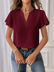 SHEIN Essnce 女士休闲通勤纯色翻领衬衫 - 酒紅色 - 查看 6