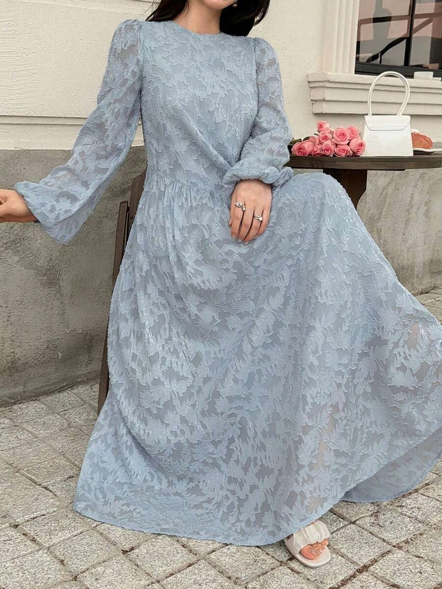 Feyla Đầm mới về: Đầm jacquard thêu họa tiết lãng mạn, thanh lịch, thắt eo, dáng suông, thích hợp cho tiệc tùng, nghỉ lễ. - Màu xanh lam - Xem 1