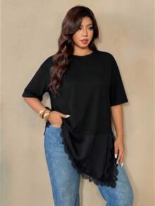 Auralis Plus Size Women's Solid Color Round Neck Short Sleeve Asymmetric Hem Casual T-Shirt Black For Women Lace Trim Formal Summer - Black - View 6