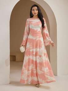 Veilorie Đầm dự tiệc kiểu Ả Rập thanh lịch, xếp ly, cổ tròn, nhuộm tie-dye dành cho nữ. - trái cam - Xem 4