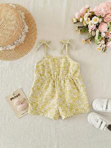 SHEIN 新生女宝宝可爱夏季碎花连体衣 - 黃色 - 查看 3
