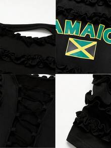 Gowayae Gowayae Conjunto de 2 piezas de moda para mujer con lazo, ribete de volantes, estampado de bandera de Jamaica, estampado de letras, conjunto de verano de 2 piezas con tirantes anudados en la espalda, retro, ropa urbana, Y2K, ropa deportiva "soft girl", hermandad, conjunto de 2 piezas de verano con estampado de letras - Negro - Ver 8