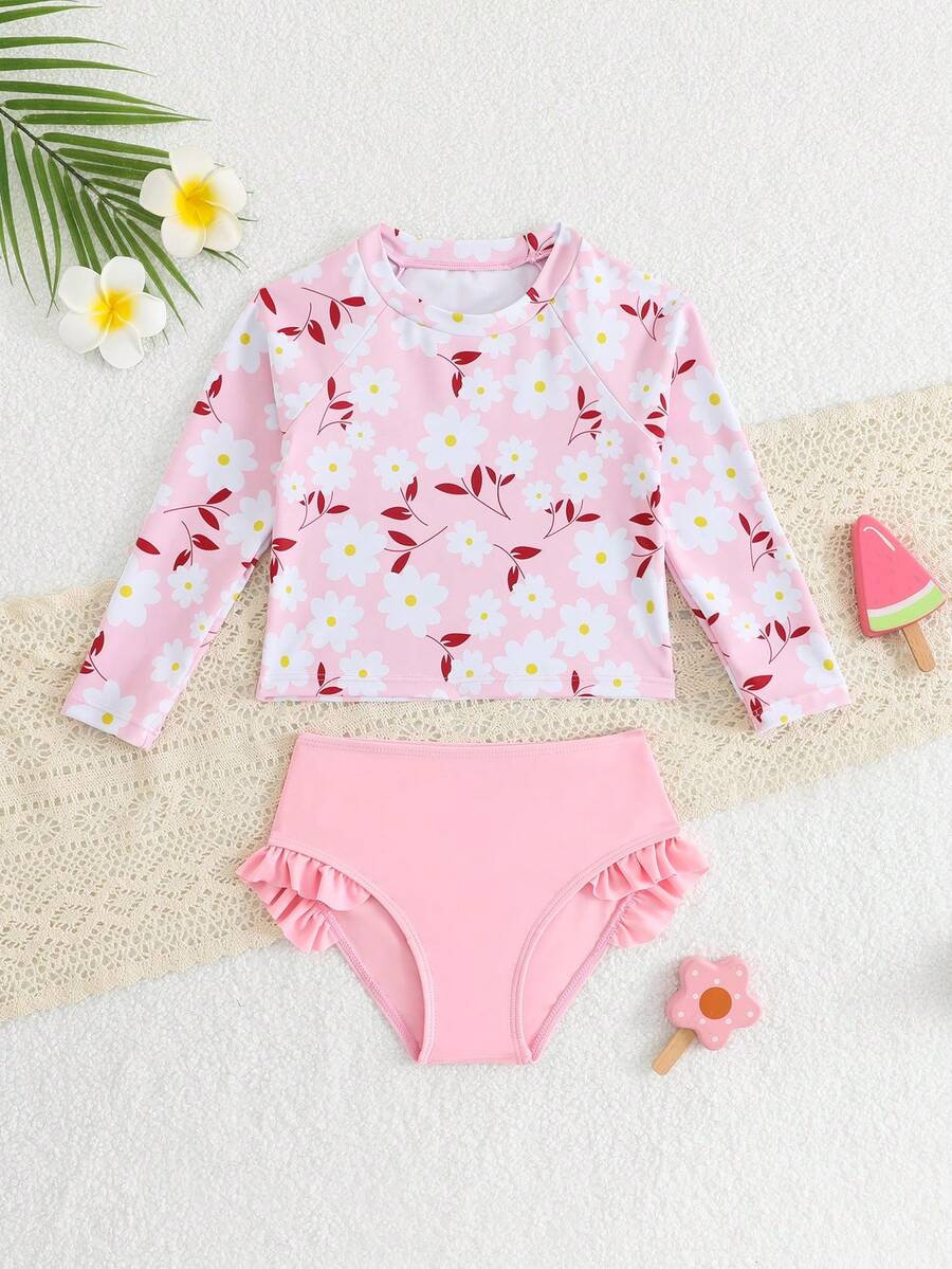 SHEIN Đồ bơi mùa xuân/hè cho bé gái, hàng mới về, áo hai dây và bikini, áo bơi cổ tròn tay dài, quần bơi màu tím nhạt trơn, họa tiết hoa nhí kiểu Rococo ngọt ngào với viền bèo nhún màu pastel. - Nhiều màu - Xem 1