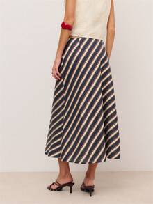 Nöista Diagonal Striped Wrap Midi Skirt With Side Tie Fastening And Asymmetric Hem.Flowy Silhouette A Flattering Drape, Perfect For Spring Summer - Blue - View 2
