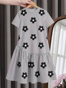 Tween Girls' Casual Summer Striped & Floral Print Ruffle Hem Short Sleeve Dress - Black - View 3