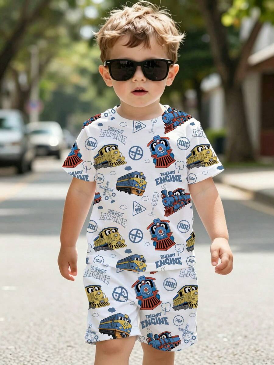 Setelan Kasual Kaos Lengan Pendek dan Celana Pendek Bergambar Kartun untuk Anak Laki-Laki - MultiWarna - View 1