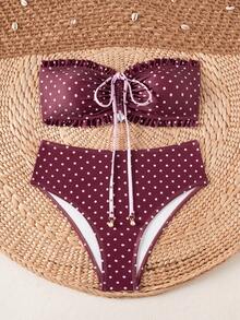 SHEIN Swim Bộ bikini dây rút mùa hè dễ thương dành cho nữ, họa tiết hoa, viền bèo nhún, kèm mặt dây chuyền ngọc trai tinh tế, thích hợp cho kỳ nghỉ biển. - Nhiều màu - Xem 3
