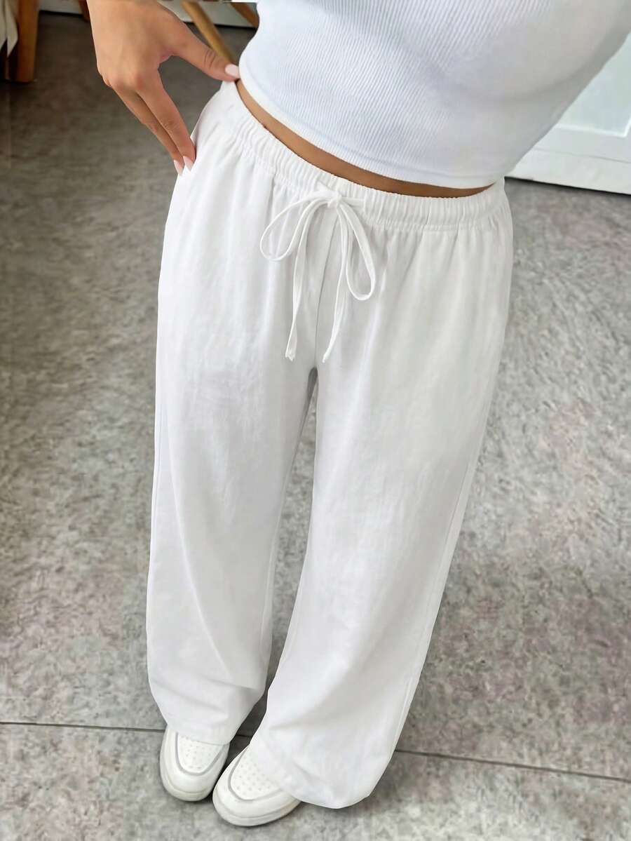 SHEIN 少女休闲基本款松紧腰阔腿白色裤子,返校夏季服装 - 白色 - 查看 1