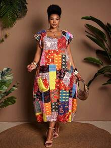 Maweii Đầm midi nữ cỡ lớn thanh lịch, thoải mái, đa năng, kiểu bohemian phối hoa, cổ vuông, tay loe, tôn dáng, dáng rộng rãi, viền bèo nhún, túi tiện dụng, phù hợp cho mặc thường ngày, đi làm, mùa xuân/hè. - Nhiều màu - Xem 5