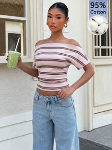Muchica Áo thun cotton nữ kiểu dáng tối giản, màu hồng, họa tiết sọc bất đối xứng, thích hợp cho mùa xuân và mùa hè. - trắng - Xem 5
