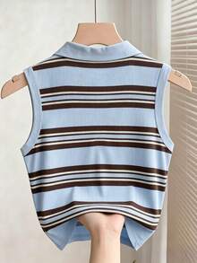 Resyla Contrast Stripe Print Half-Zip Casual Tank Top, Spring/Summer - Multicolor - View 2